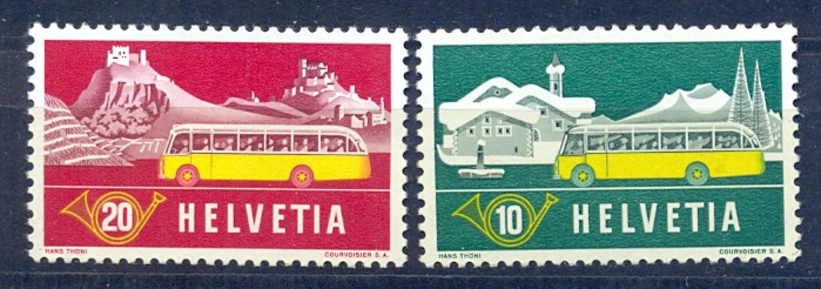 Schweiz 10 C. + 20 C. Gest. Postbus Landschaften Winter Bäume Burgen  TransportationTransport Bus - MH* - Busses