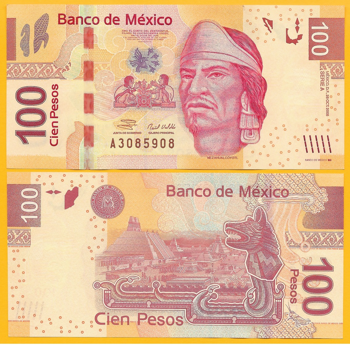 Mexico 100 Pesos P-124aA 2008 (Serie A) UNC Banknote - México