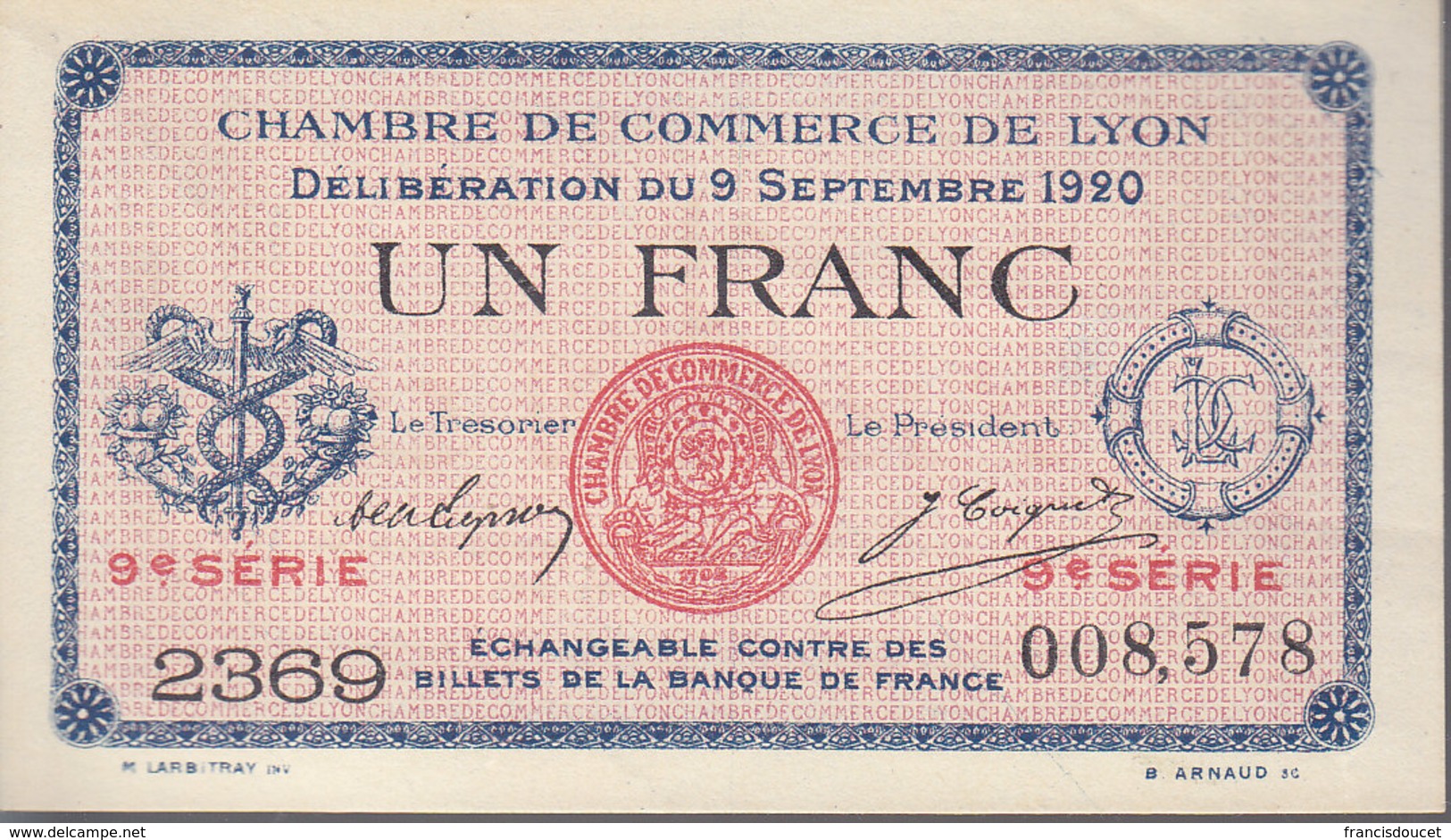 Billet De Nécessité 1 Franc Chambre De Commerce De Lyon (69) - Chambre De Commerce