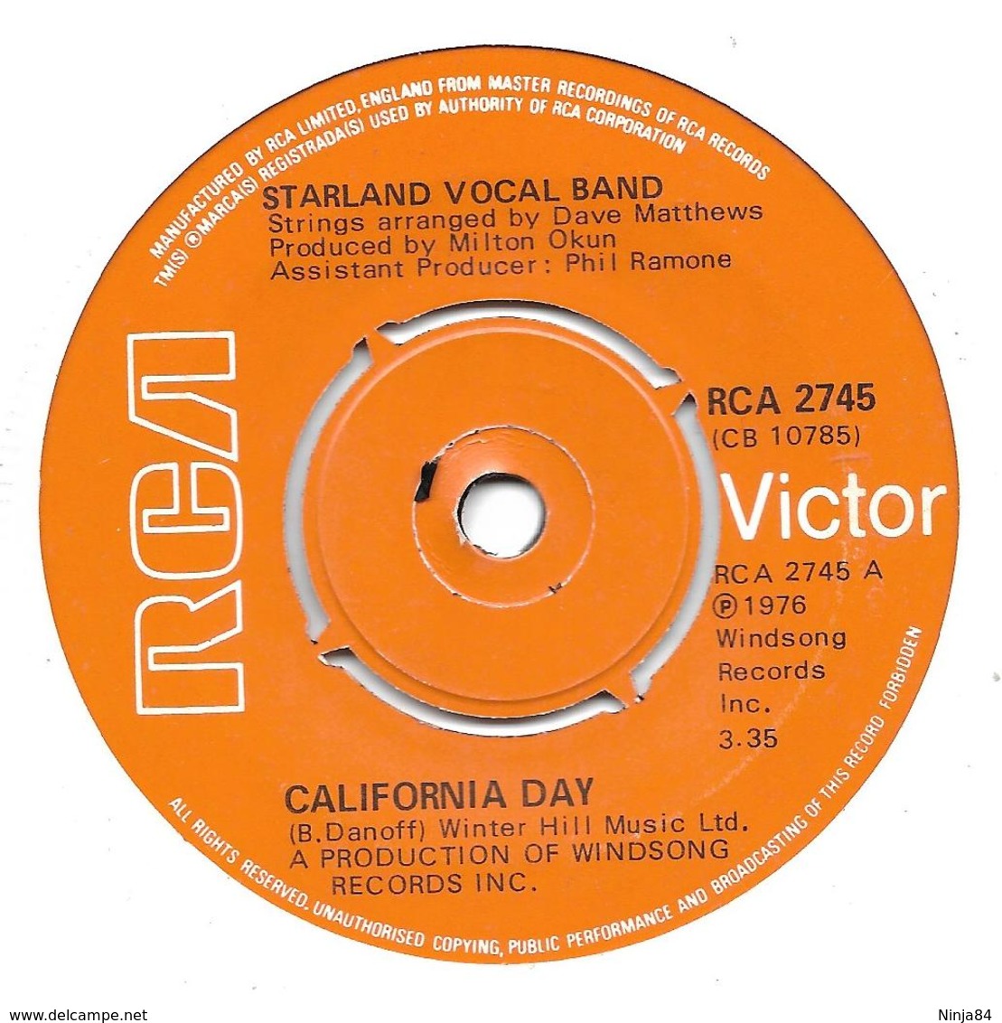 SP 45 RPM (7")   Starland Vocal Band  "  California Day  "  Angleterre - Rock