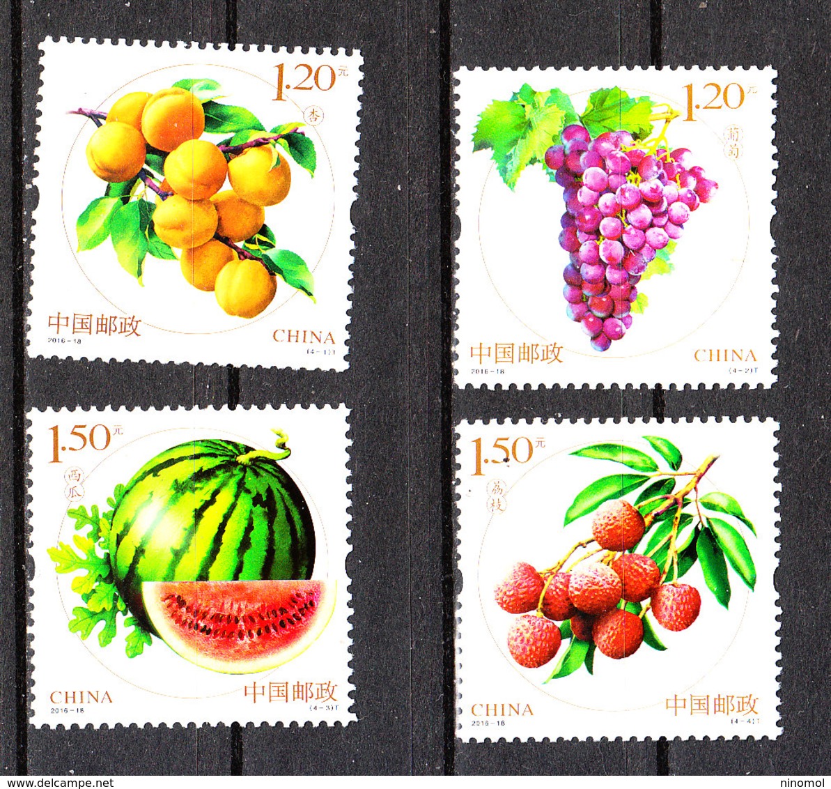 Cina   -  2016.  Pesche, Uva, Cocomero, Fragole. Peaches, Grapes, Watermelon, Strawberries. Complete MNH Series - Fruits
