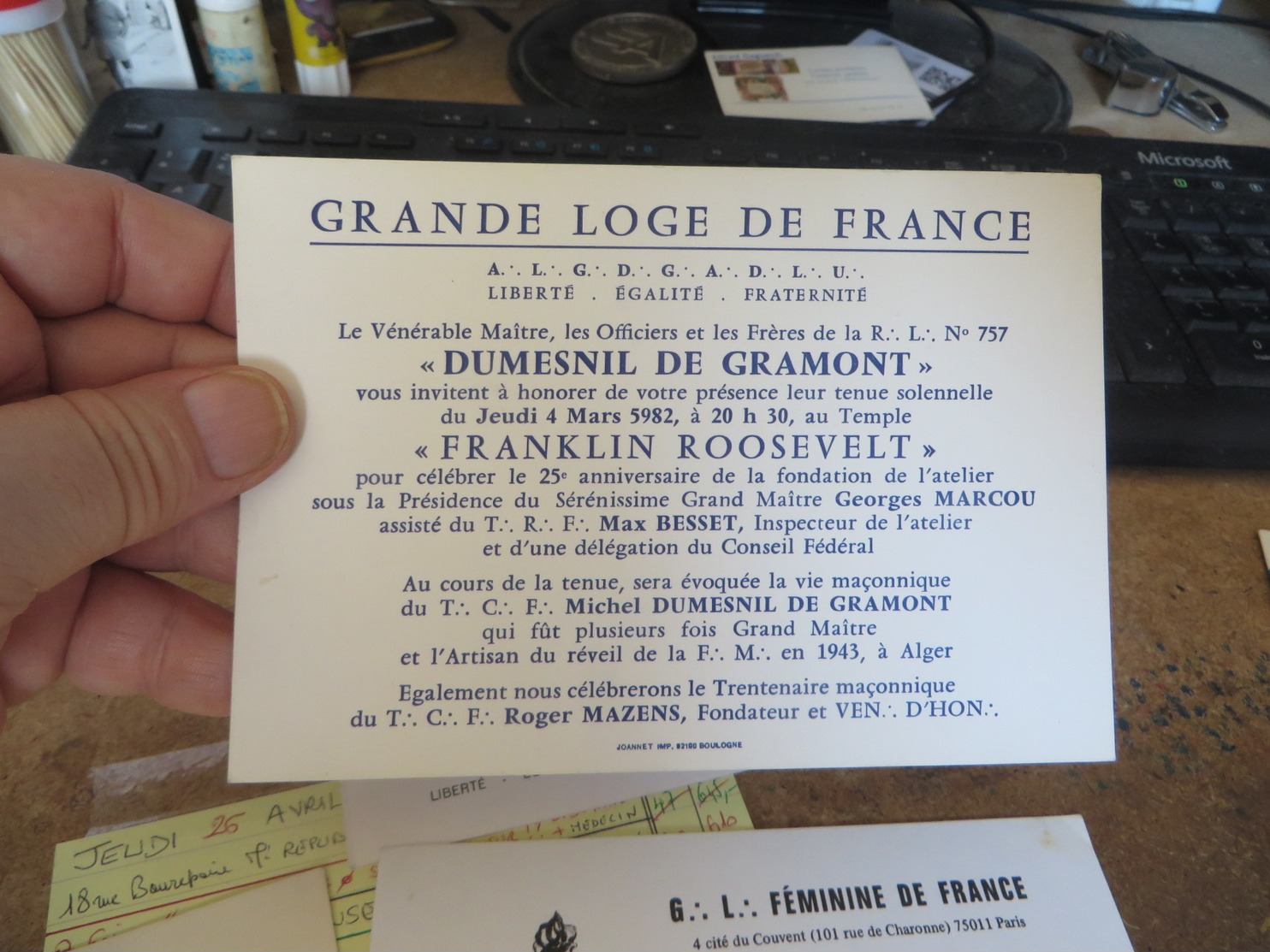 5 Documents MACONNIQUE ,,,grande Loge De FRANCE Et Divers ,,"DUMESNIL DE GRAMONT",invitations ,tres Bon état - Other & Unclassified
