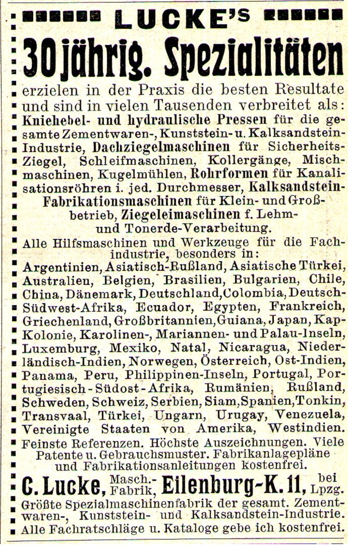 Original-Werbung/ Anzeige 1909 - MASCHINENFABRIK LUCKE - EILENBURG - Ca. 45 X 80 Mm - Publicités