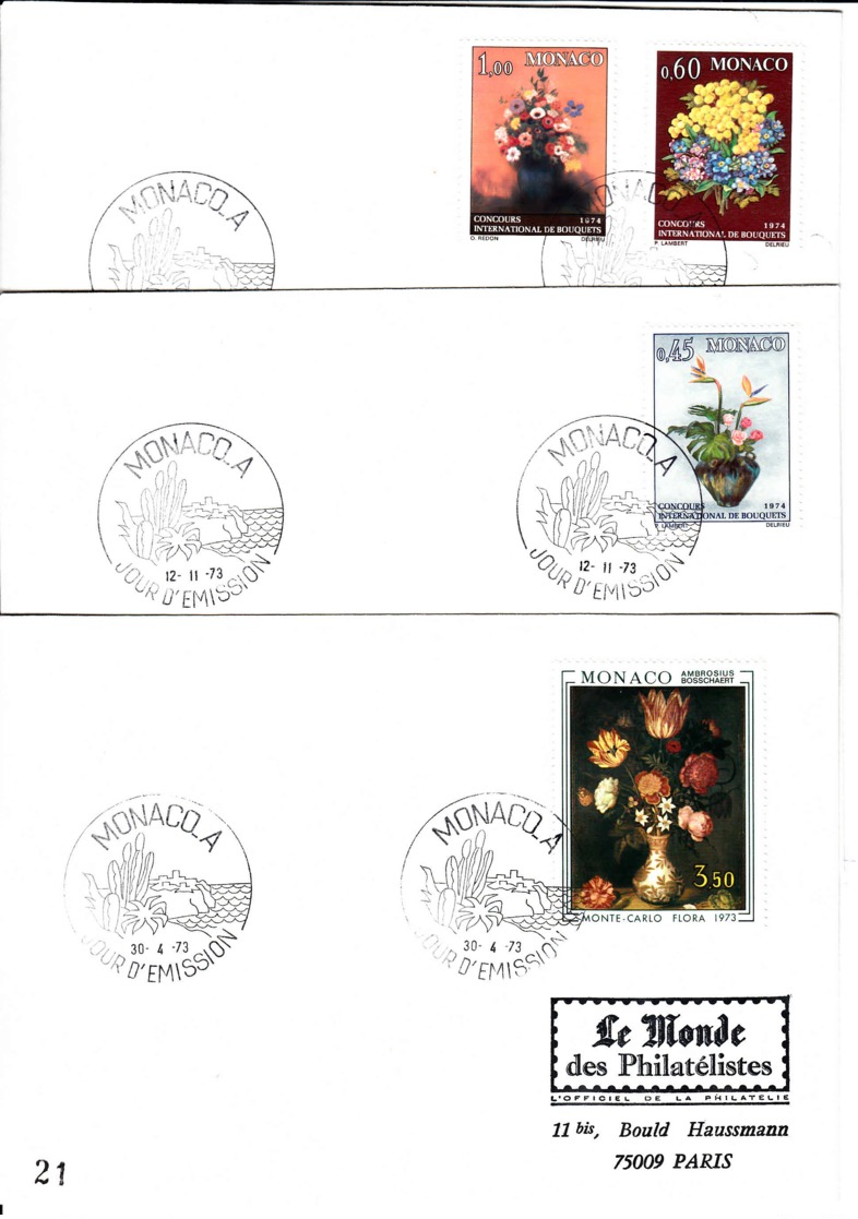 MONACO - 1973 - Lot De 3 FDC - Bouquets - Floralies - FDC