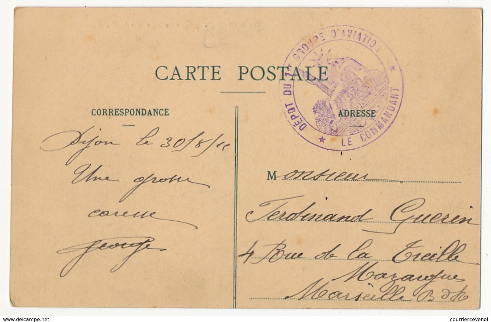 Cachet "Dépot Du 1er Groupe D'Aviation - Le Commandant" Sur CPA De DIJON - Banque De France - 1915 - WW I