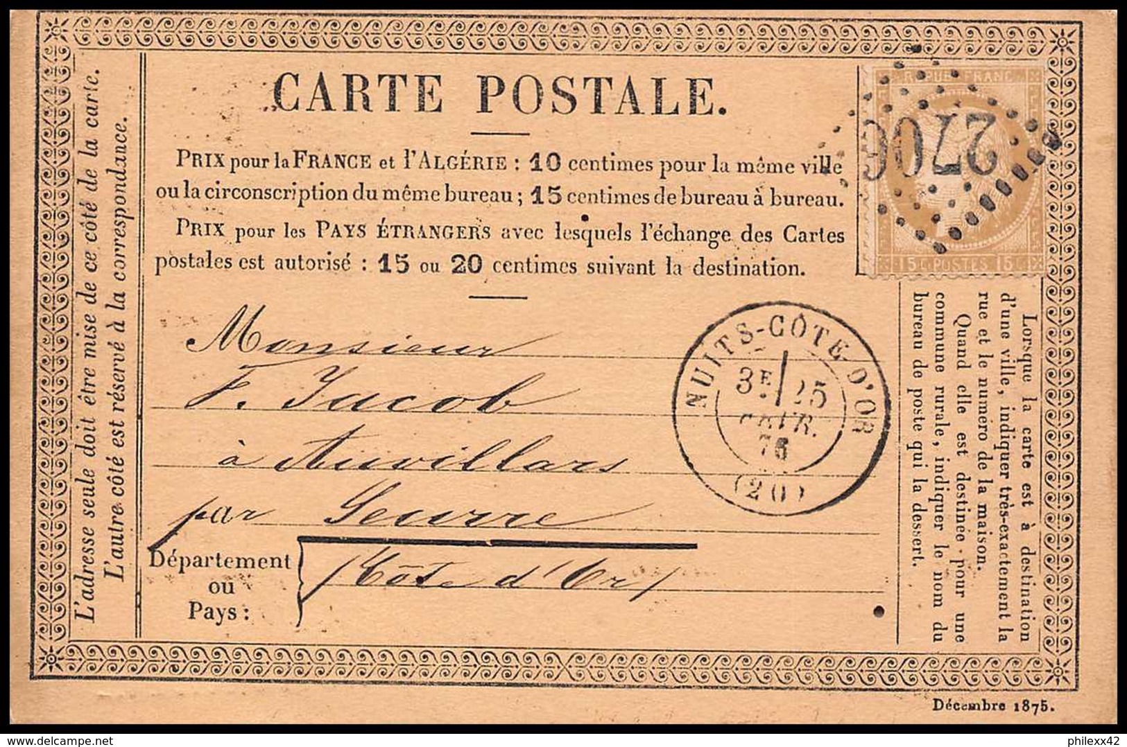 9665 N°55 Ceres 15c Gc 2706 Nuits Cote D'or 1875 France Carte Postale Precurseur Postcard - Cartoline Precursori