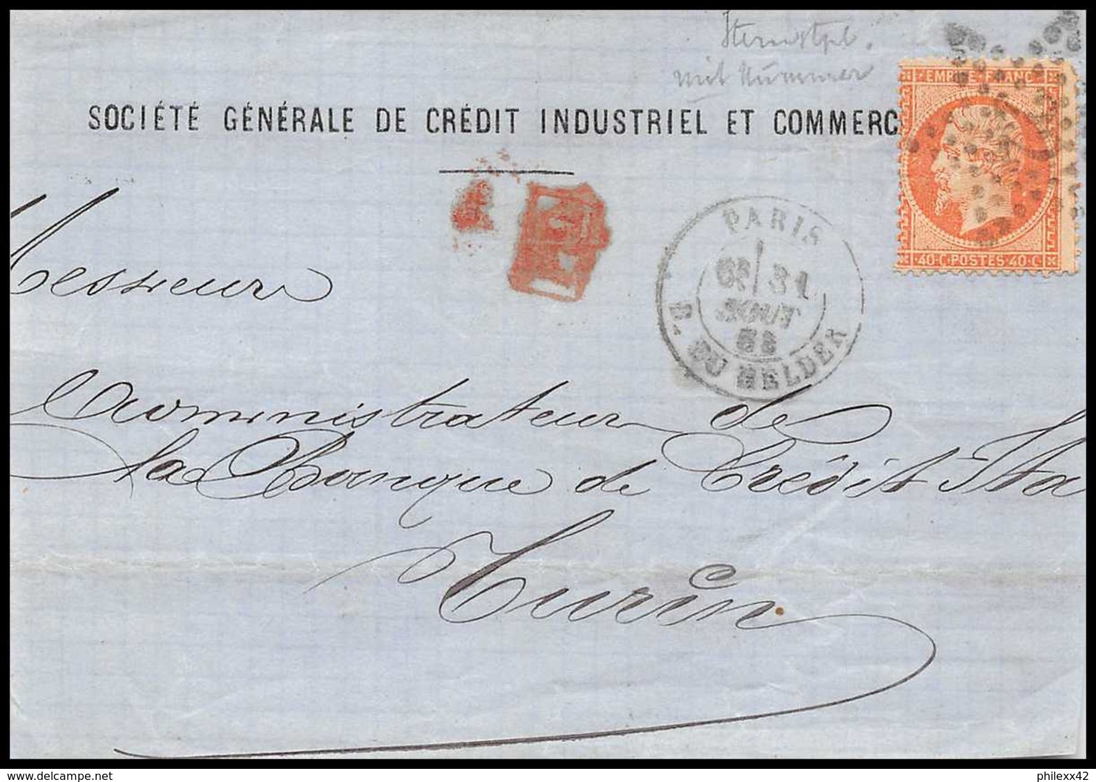 9679 Entete N°23 Napoleon 40c Etoile De Paris 22 Helder Turin Italie France Devant De Lettre Cover - 1849-1876: Période Classique