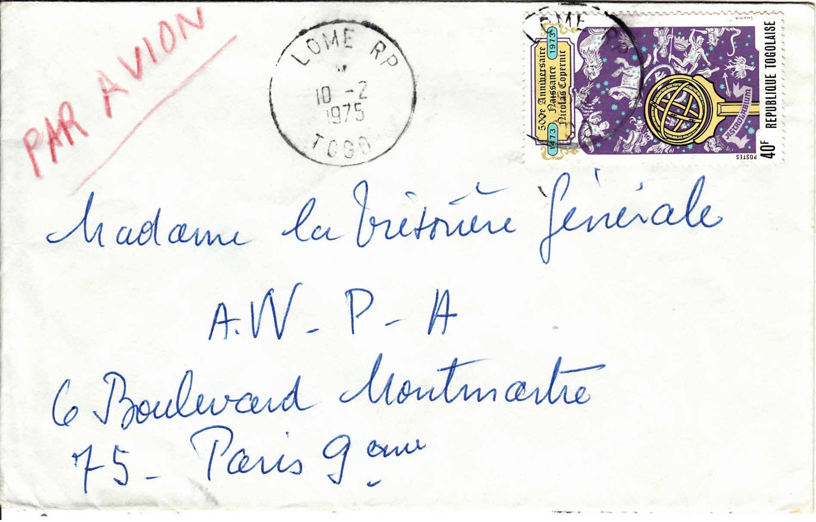 TOGO - 1975 - Lettre Par Avion Pour Paris - Copernic - Togo (1960-...)