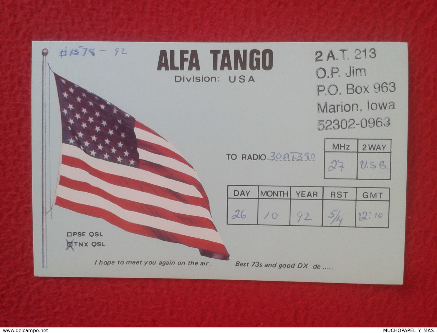 TARJETA TIPO POSTAL TYPE POST CARD QSL RADIOAFICIONADOS RADIO AMATEUR DIVISION USA UNITED STATES FLAG BANDERA ALFA TANGO - Otros & Sin Clasificación