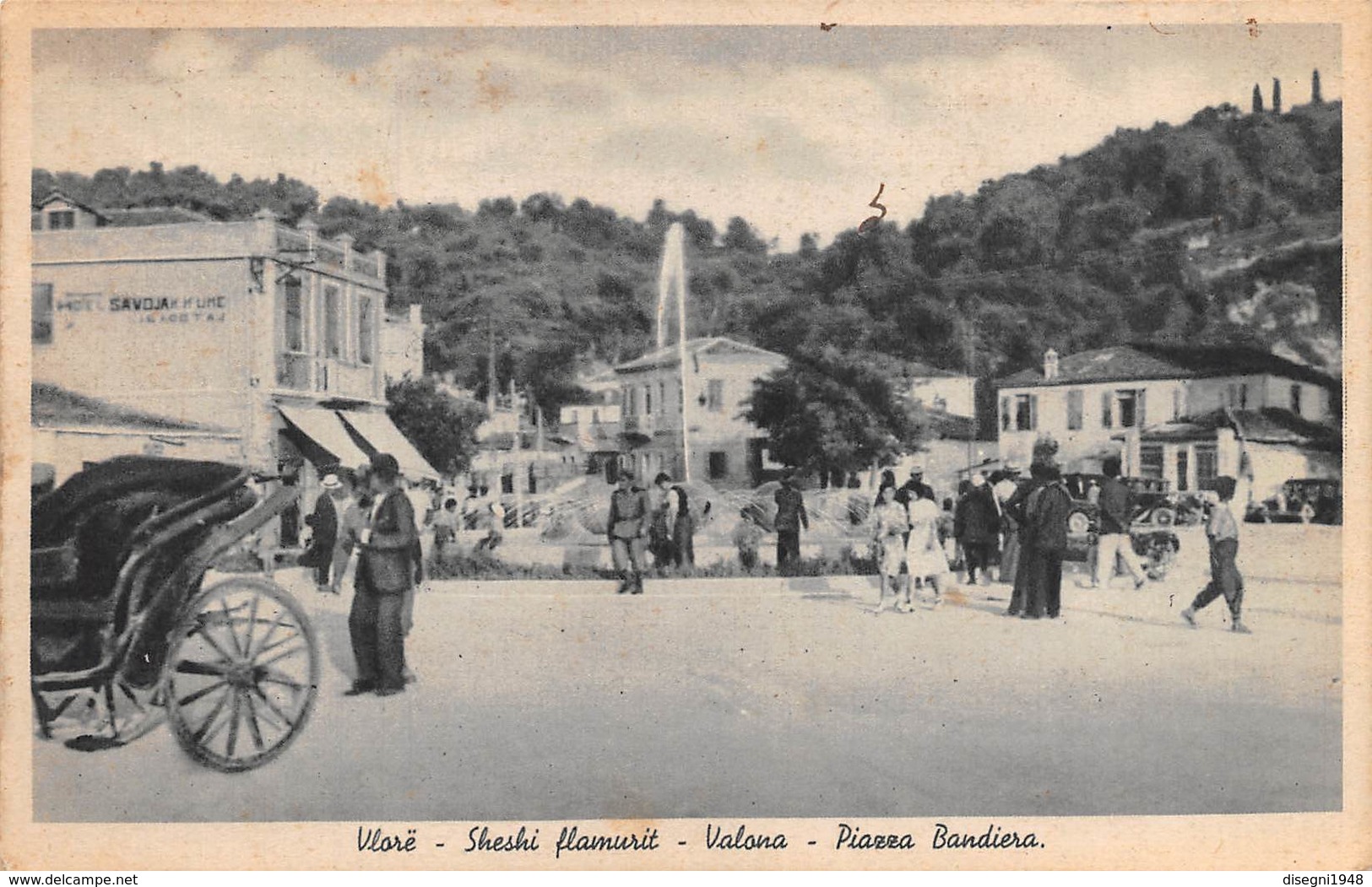 M07996 "VLORE-SHESHI FLAMURIT-VALONA PIAZZA BANDIERA"ANIMATA-CARROZZA-AUTO ANNI '40  CARTOLINA POST. ORIGIN. SPED.1940 - Albania