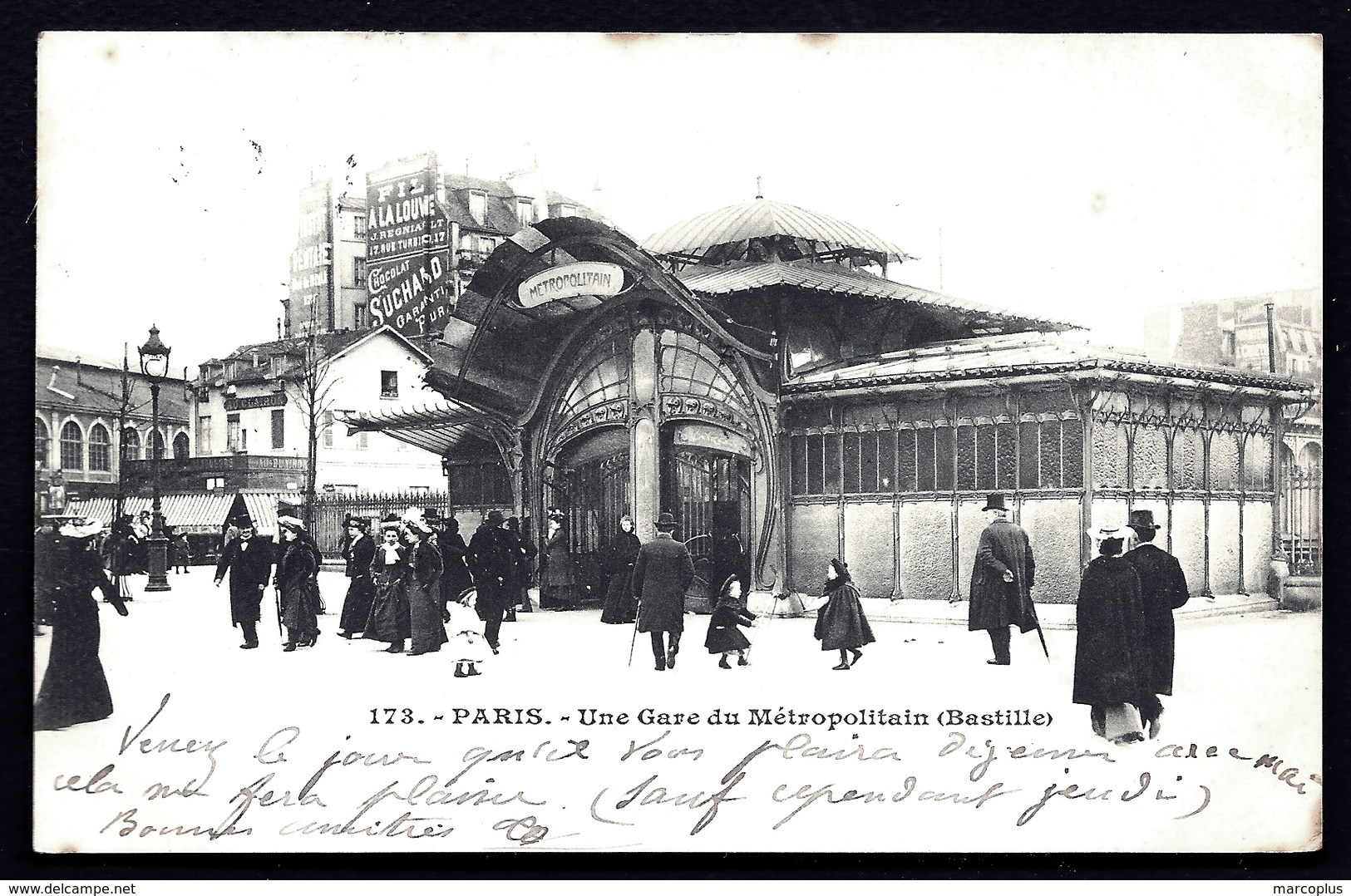 CP 4- CPA GARES DE FRANCE- PARIS (75)- UNE GARE DU MÉTRO- BASTILLE- STYLE ART NOUVEAU- ANIMATION GROS PLAN- PUB MUR - Métro Parisien, Gares