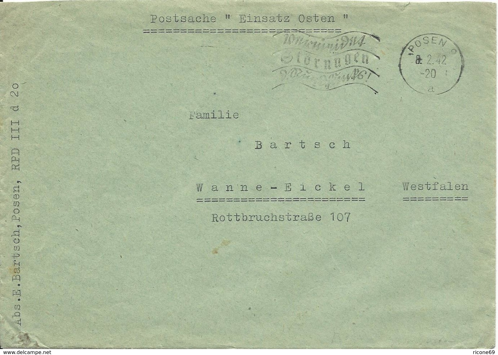 DR Polen 1942, Posen, Portofreier Brief "Postsache Einsatz Osten" - Otros & Sin Clasificación