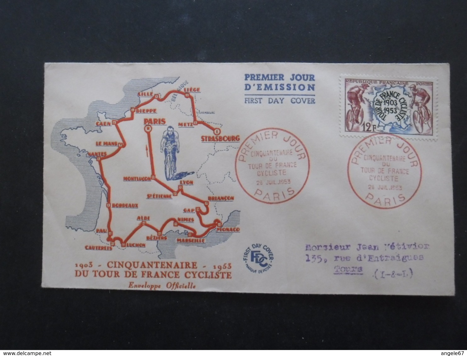 FRANCE FDC Tour De France Cycliste 26-07-1953 Paris - 1950-1959