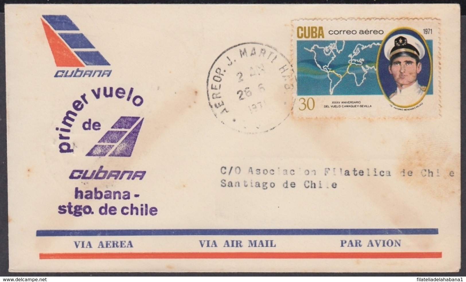 1971-PV-7 CUBA FIRST FLIGHT. JUN 6 1971. COVER HABANA – SANTIAGO DE CHILE. - Other & Unclassified