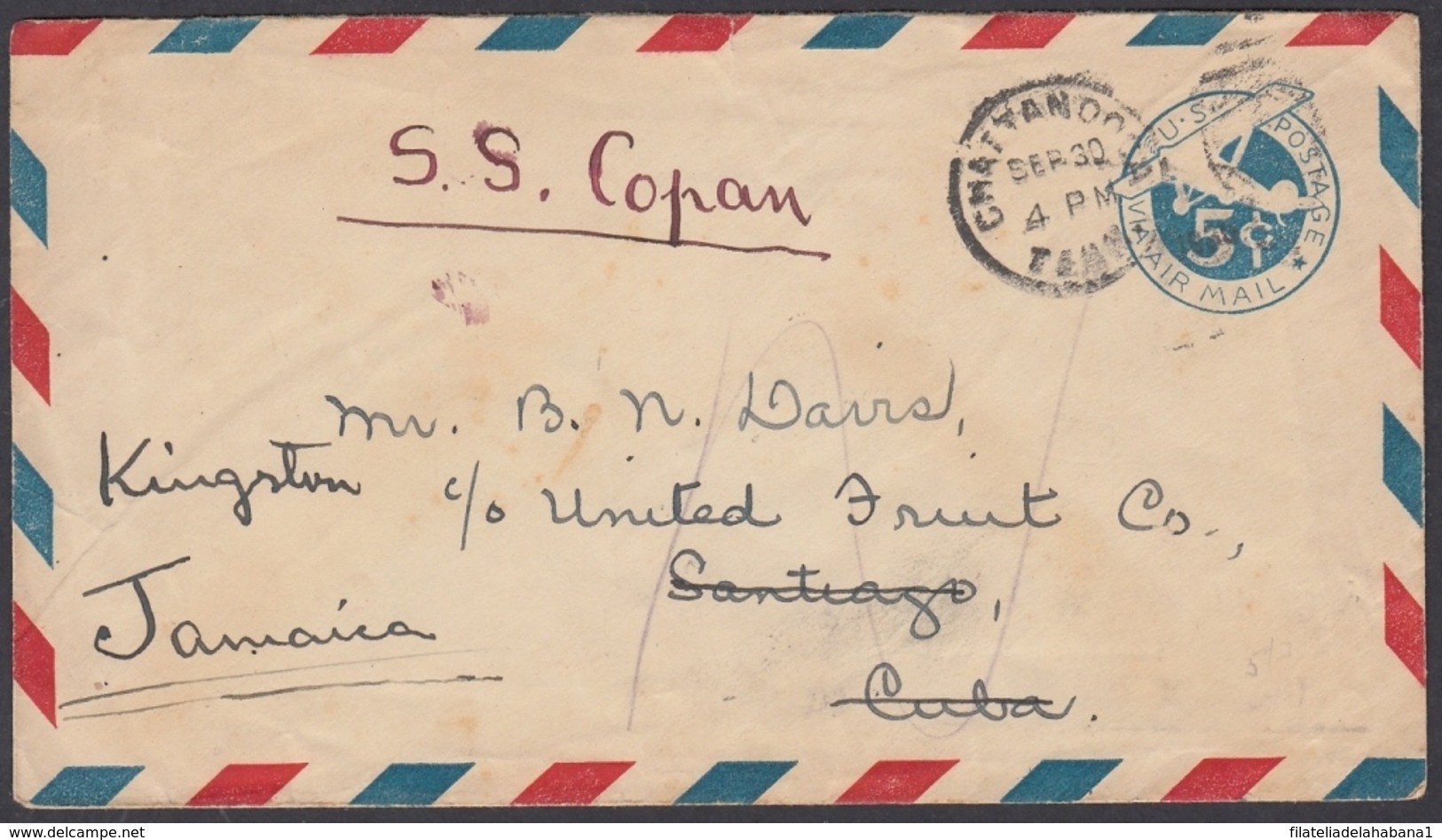 NA-86 CUBA US SHIP USS COPAN GUANTANAMO 1930 TO THE SANTIAGO TERMINAL FORWARDED TO JAMAICA - Other & Unclassified