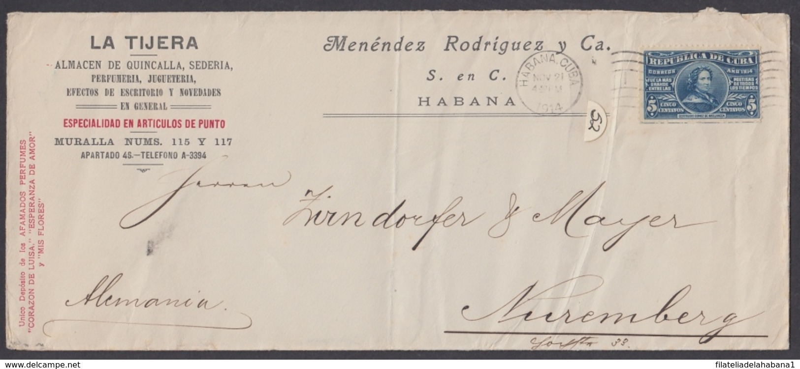 1914-H-96 CUBA 1914 AVELLANEDA COVER TO GERMANY. FIRST DYAS OF USE. - Other & Unclassified