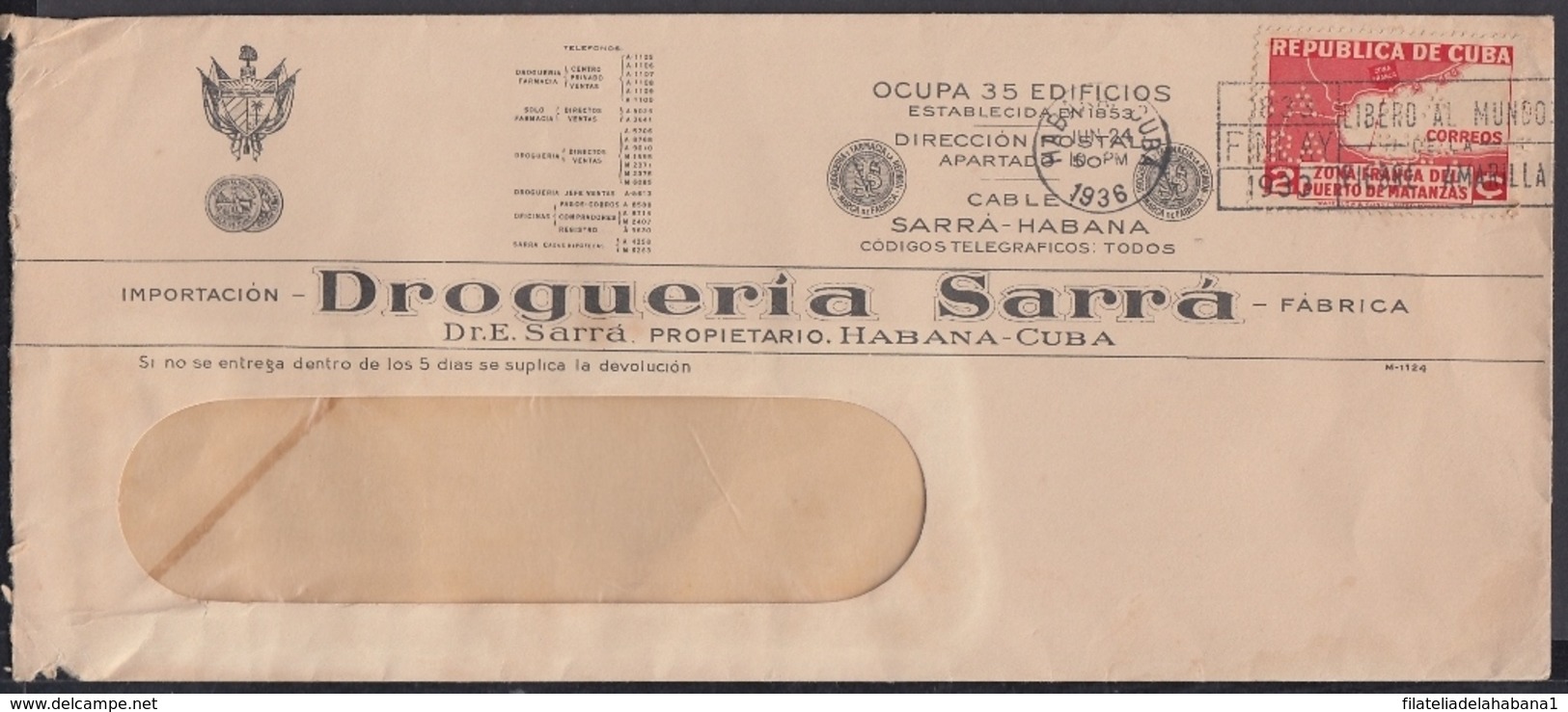 1936-H-102 CUBA 1936 2c ZONA FRANCA DE MATANZAS. PERFINS SARRA. DROGUERIA SARRA, DRUG STORE. - Other & Unclassified