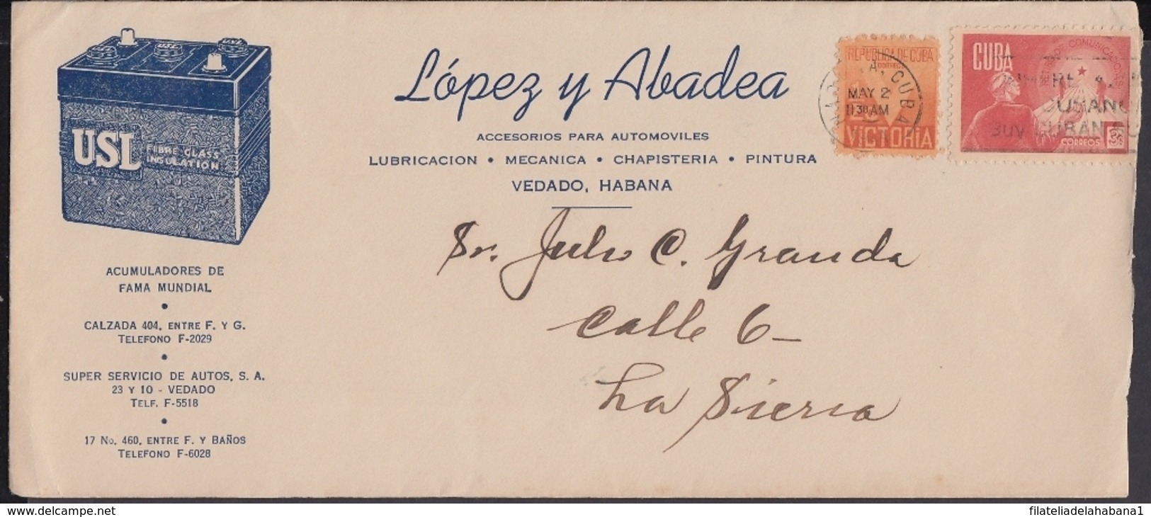 1944-H-29 CUBA 1944 2c RETIRO DE COMUNICACIONES. SOBRE COMERCIAL A US. ACCESORIOS AUTOMOVILES. - Other & Unclassified