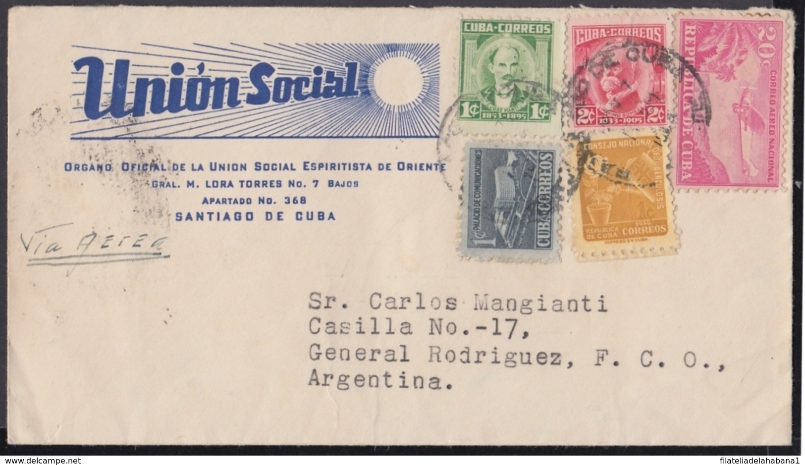 1954-H-86 CUBA 1954 2c PATRIOTAS. SOBRE COMERCIAL UNION ESPIRITISTA DE ORIENTE. - Other & Unclassified