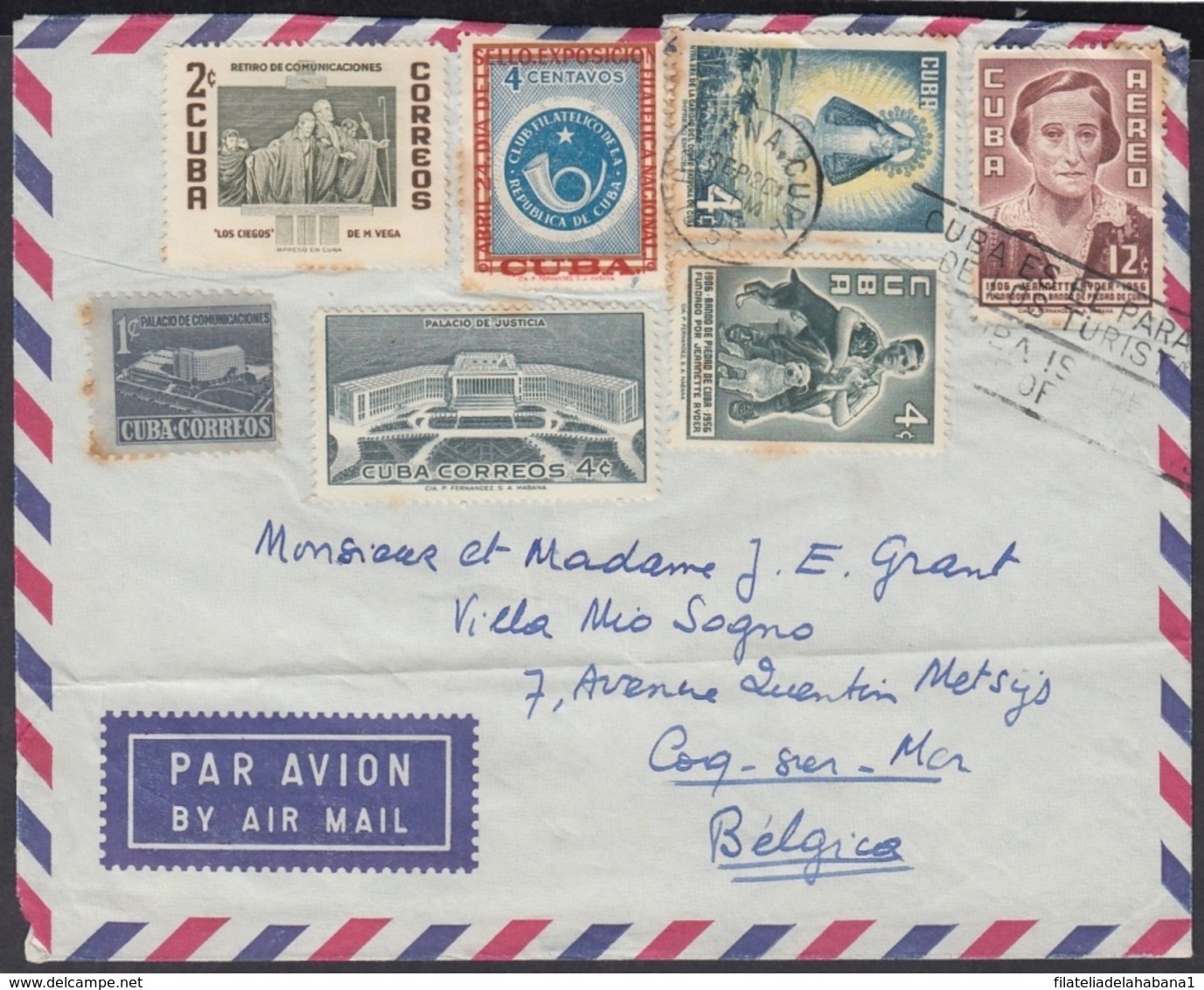 1956-H-69 CUBA 1956 4c+12c JEANNETTE RYDER 1957 COVER TO BELGIUM. - Other & Unclassified