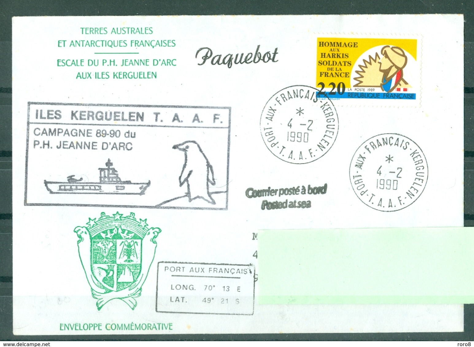 MARCOPHILIE - P.H. JEANNE D'ARC ESCALE AUX ILES KERGUELEN CAMPAGNE 89-90 Cachet Du 4 - 2 - 1990 - Poste Navale