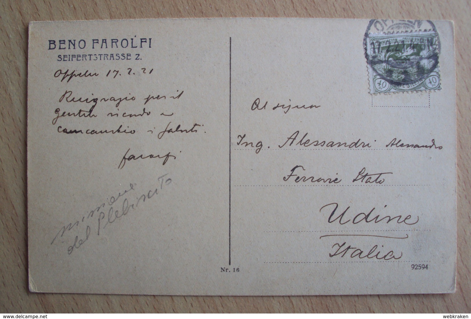 ITALIA REGNO STORIA POSTALE CARTOLINA ALTA SLESIA PROBABILE MILITARE IN MISSIONE OPPELN 1921 HOUTE SILESIE - Storia Postale