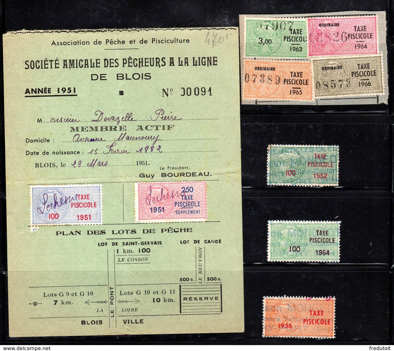 FISCAUX - TAXE PISCICOLE - Ensemble De 9 Timbres Oblitérés Dont Document+fragment - Autres & Non Classés