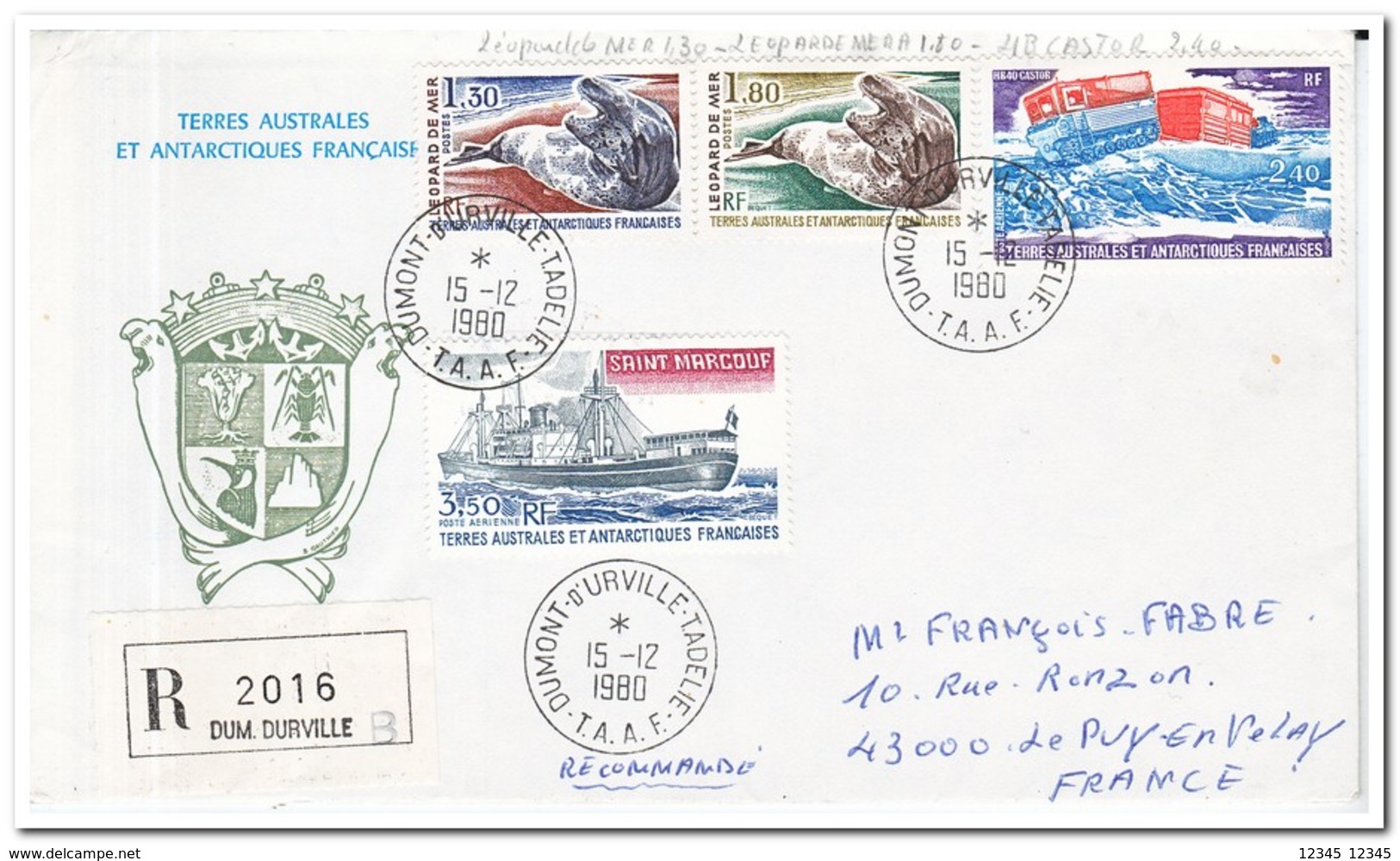 Frans Antarctica 1980, Animals, Ship, Letter To Le Puy En Velay - Brieven En Documenten