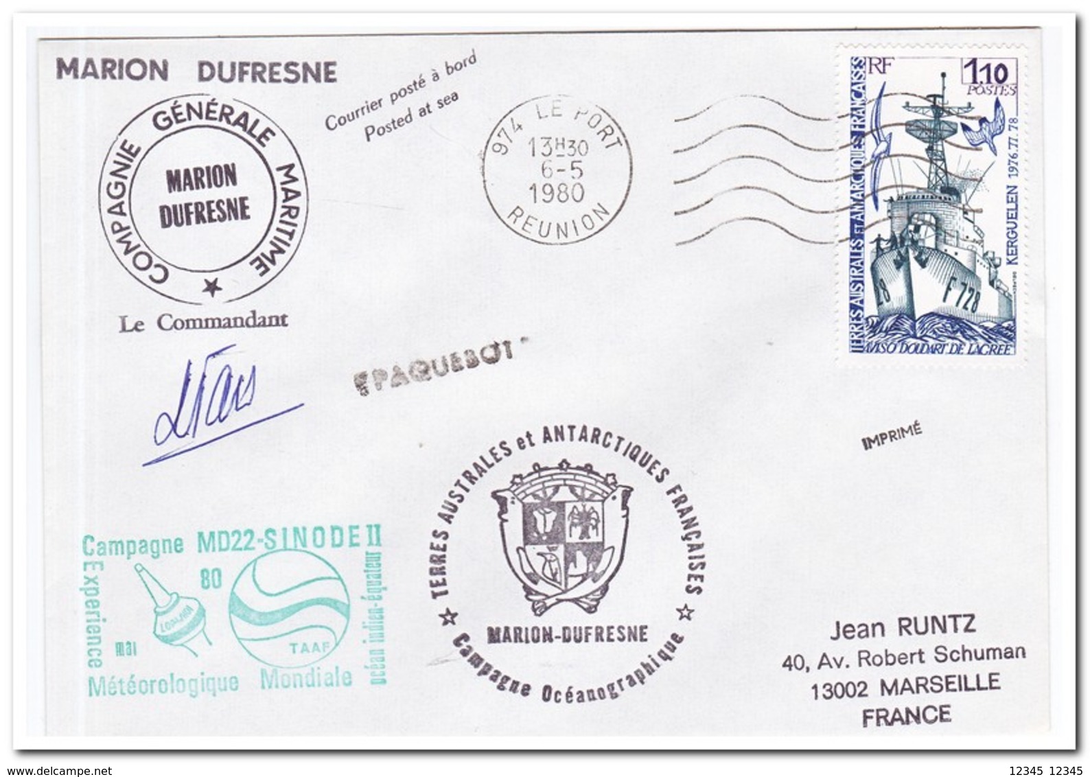 Frans Antarctica 1980, Ship, Letter To Marseille - Brieven En Documenten