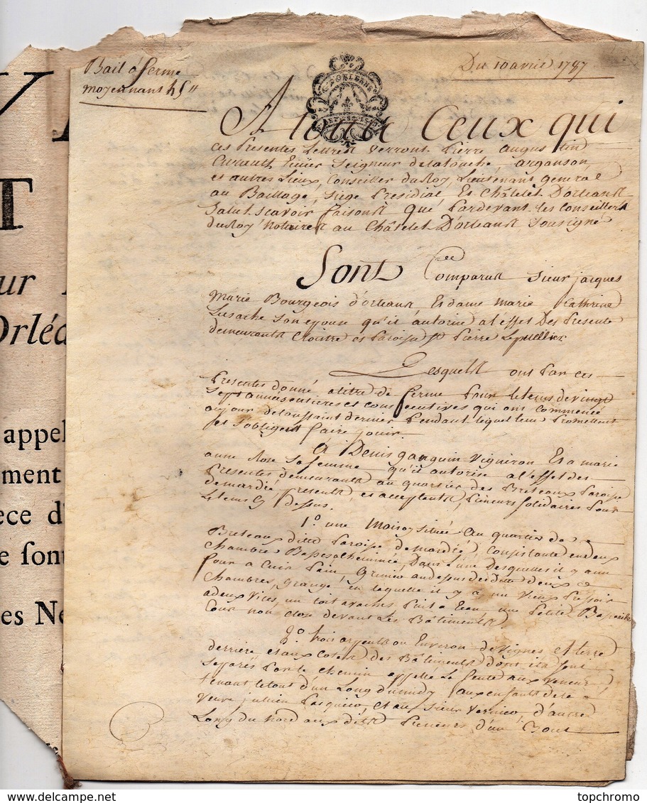 Véritable Parchemin Manuscrit Acte Notarié Notaire 1787 Cachet Généralité D'Orléans Baillage à Ferme Bourgeois 4 Pages - Manuscrits