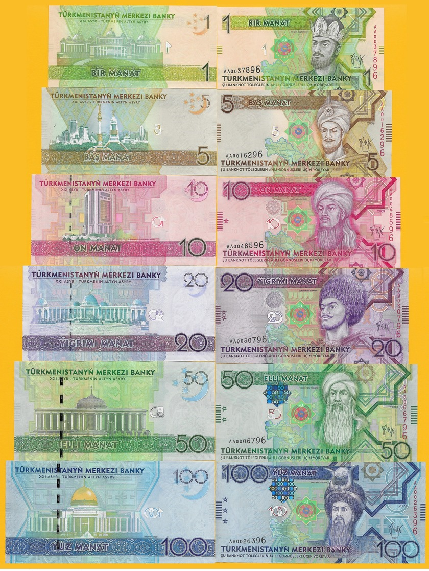 Turkmenistan Set 1 5 10 20 50 100 Manat 2009 UNC Banknotes - Turkmenistan