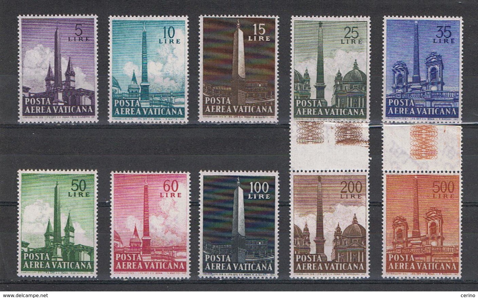 VATICANO:  1959  OBELISCHI  P.A.  -  S. CPL. 10  VAL. N. -  SASS. 35/44 - Luftpost