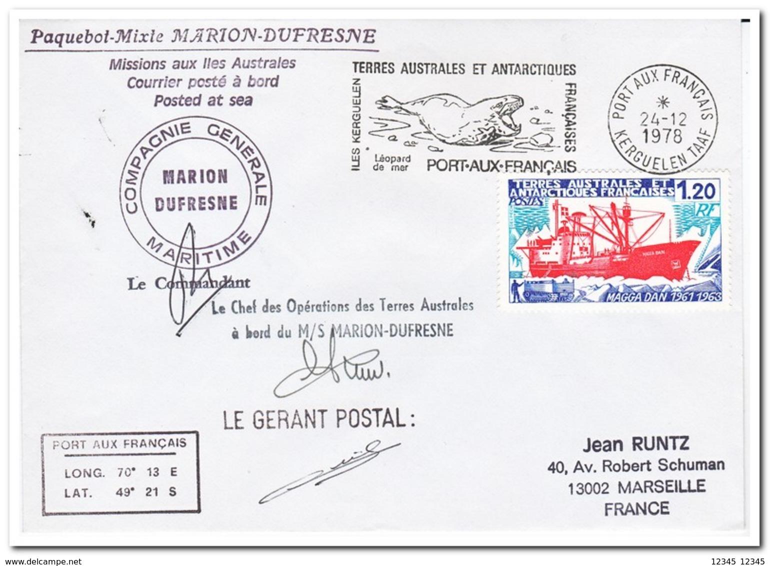 Frans Antarctica 1978, Ship, Letter To Marseille - Brieven En Documenten