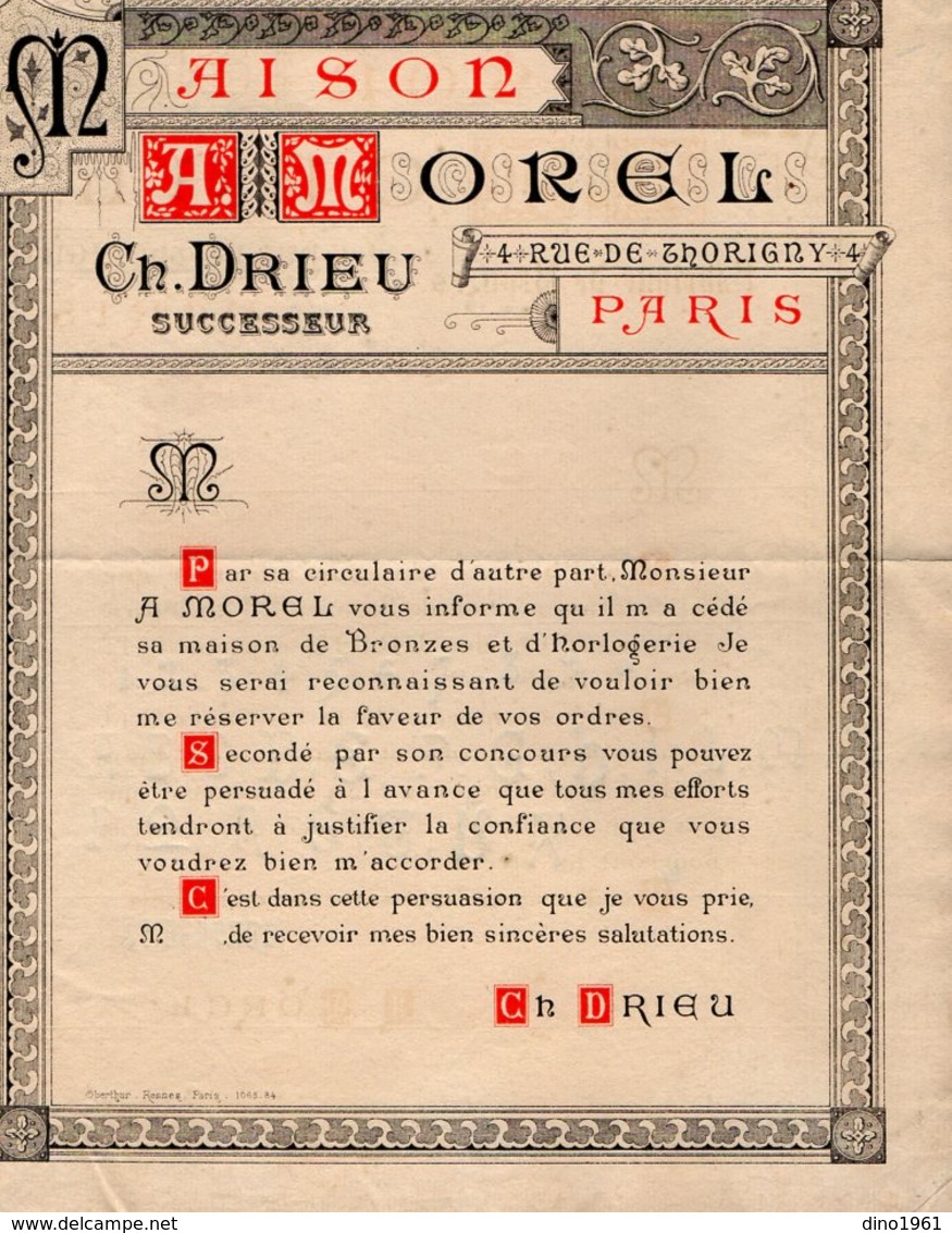 VP14.789 - Document Illustré Double Page  - Maison A. MOREL Fabrique De Bronzes & D'Horlogerie à PARIS Rue De Thorigny - 1800 – 1899