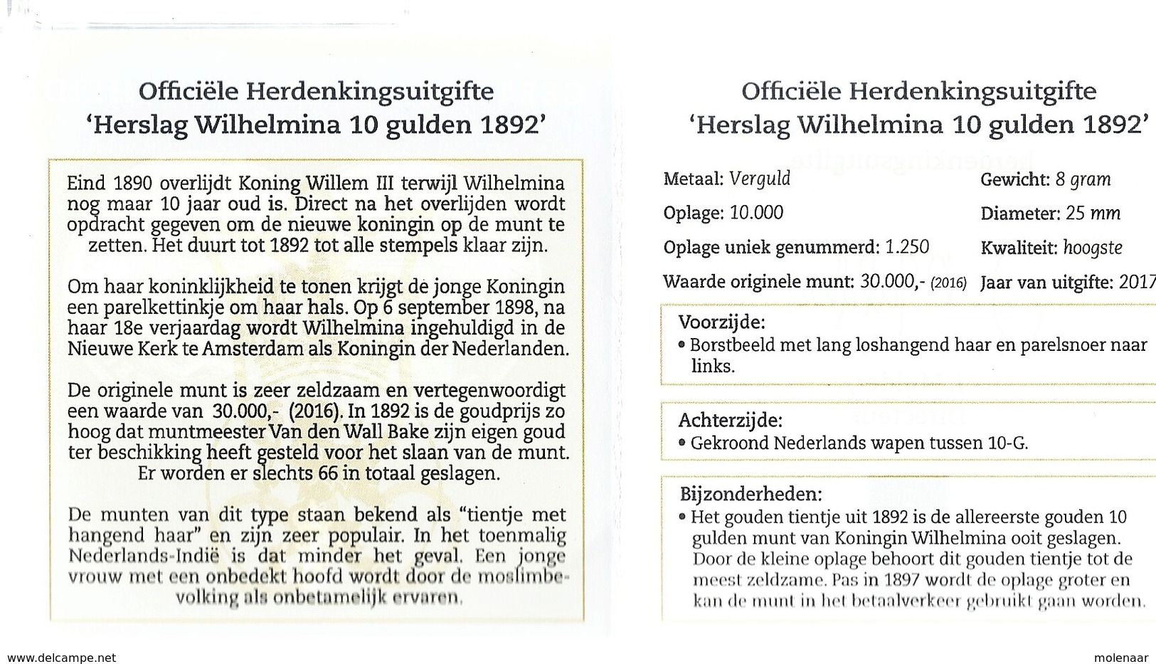 Nederland Herslag Gouden Tientje 1892 Verguld Metaal In Doosje (0008) - Sonstige & Ohne Zuordnung