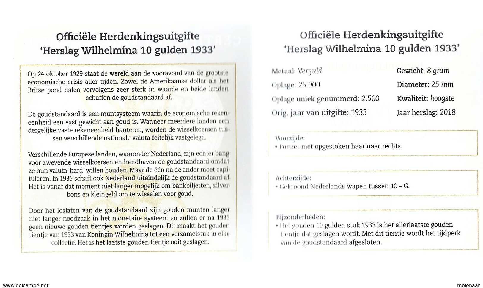 Nederland Herslag Gouden Tientje 1933 Verguld Metaal In Casette (A0013) - Sonstige & Ohne Zuordnung