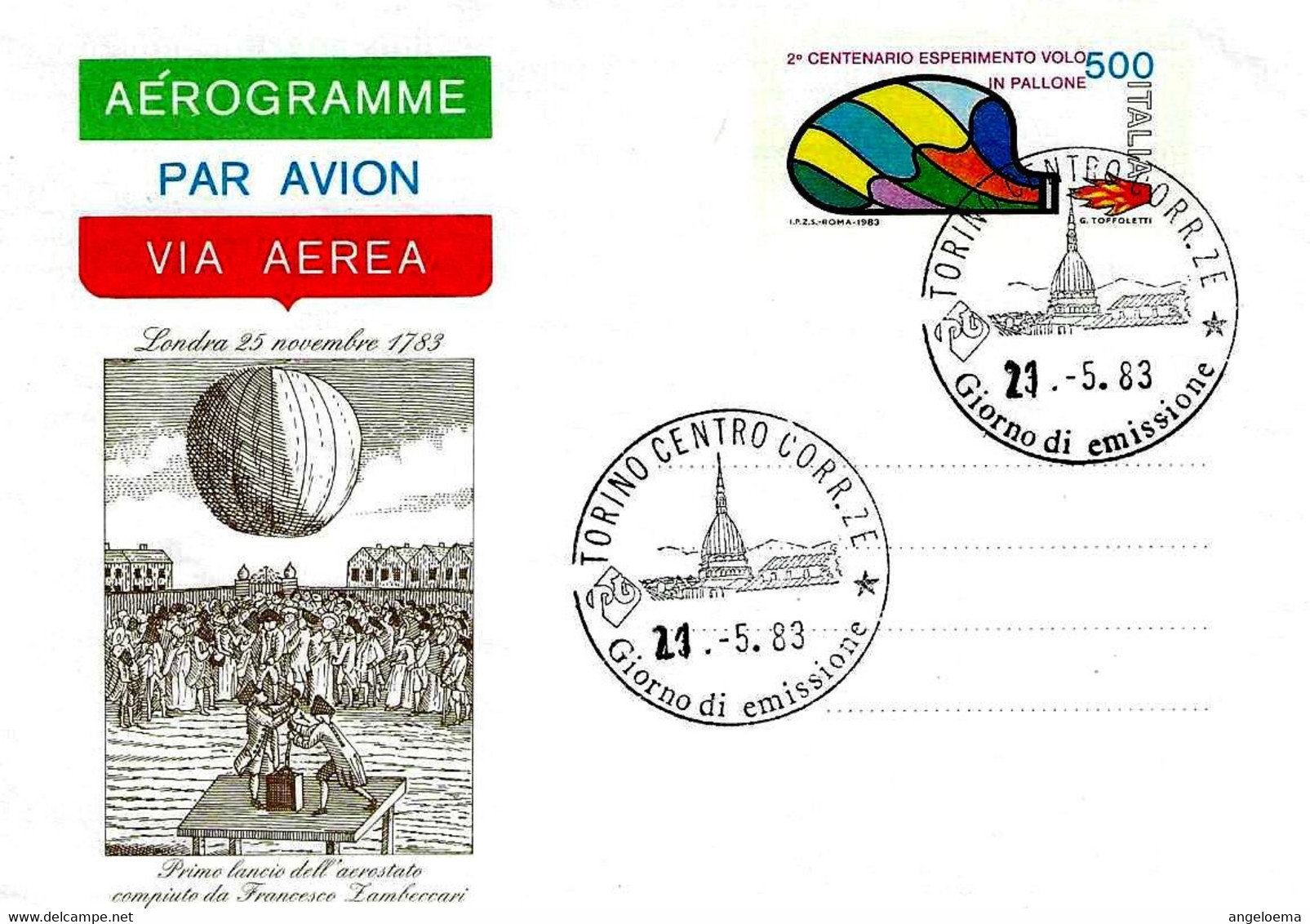 ITALIA - 1983 Aerogramma 2° CENT. ESPERIMENTO VOLO IN PALLONE Con Ann. Fdc Torino (MOLE ANTONELLIANA) - 3100 - Mongolfiere