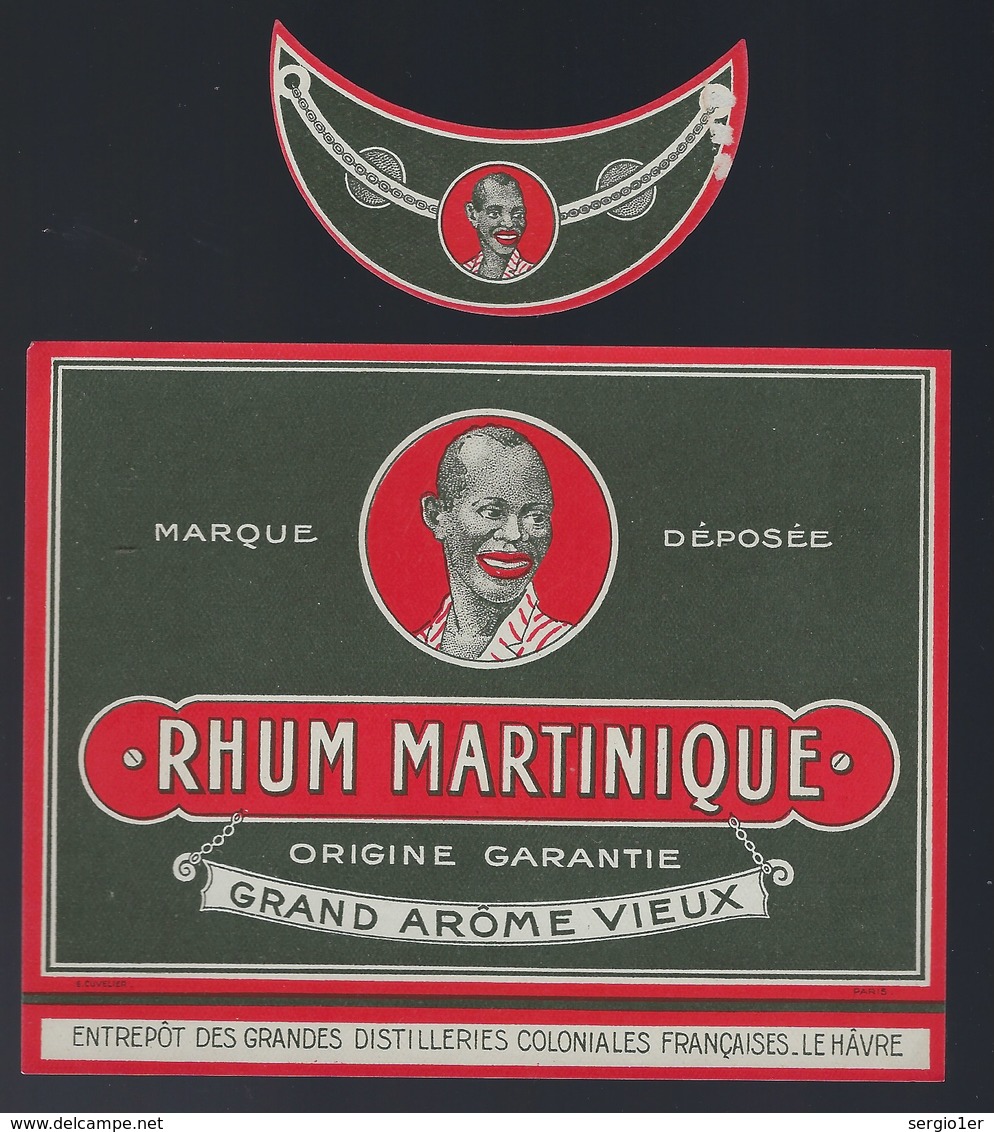 Ancienne étiquette  Rhum Martinique  Grand Arôme Vieux Et Sa Collerette Distillerie Coloniales Le Havre "visage Homme" - Rhum