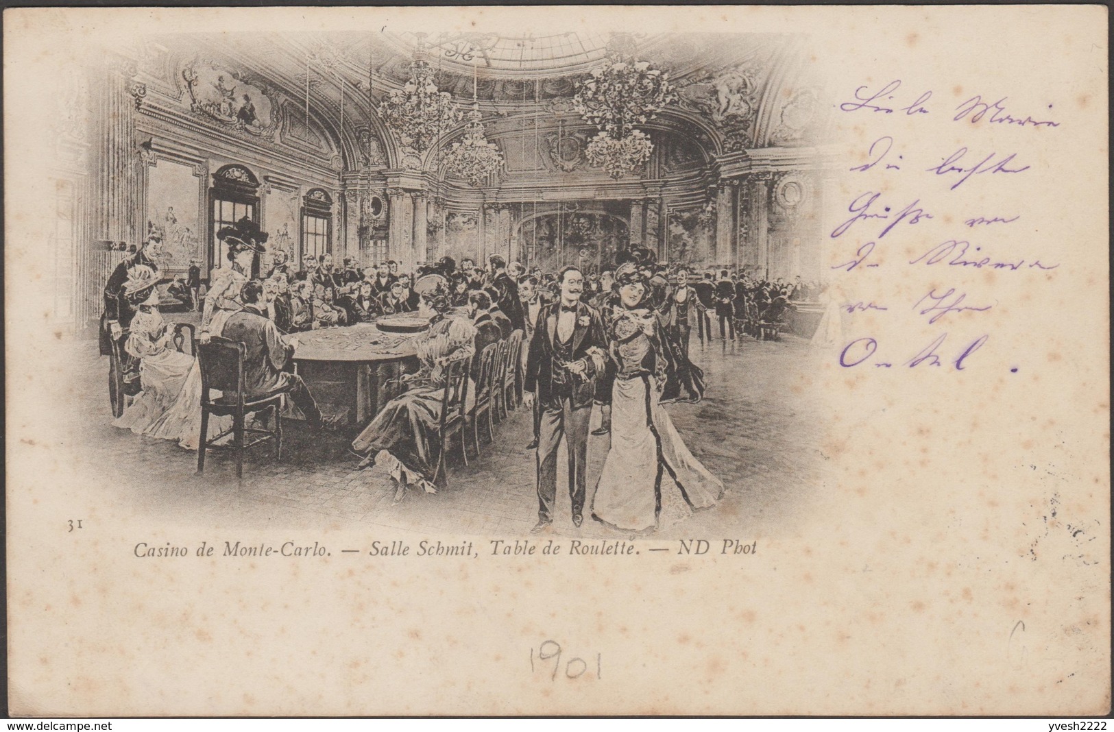 Monaco 1901 Y&T 14, 10 C, Lilas-brun Sur Jaune Sur Carte Pour La Bavière. La Roulette Salle Schmit Au Casino - Brieven En Documenten