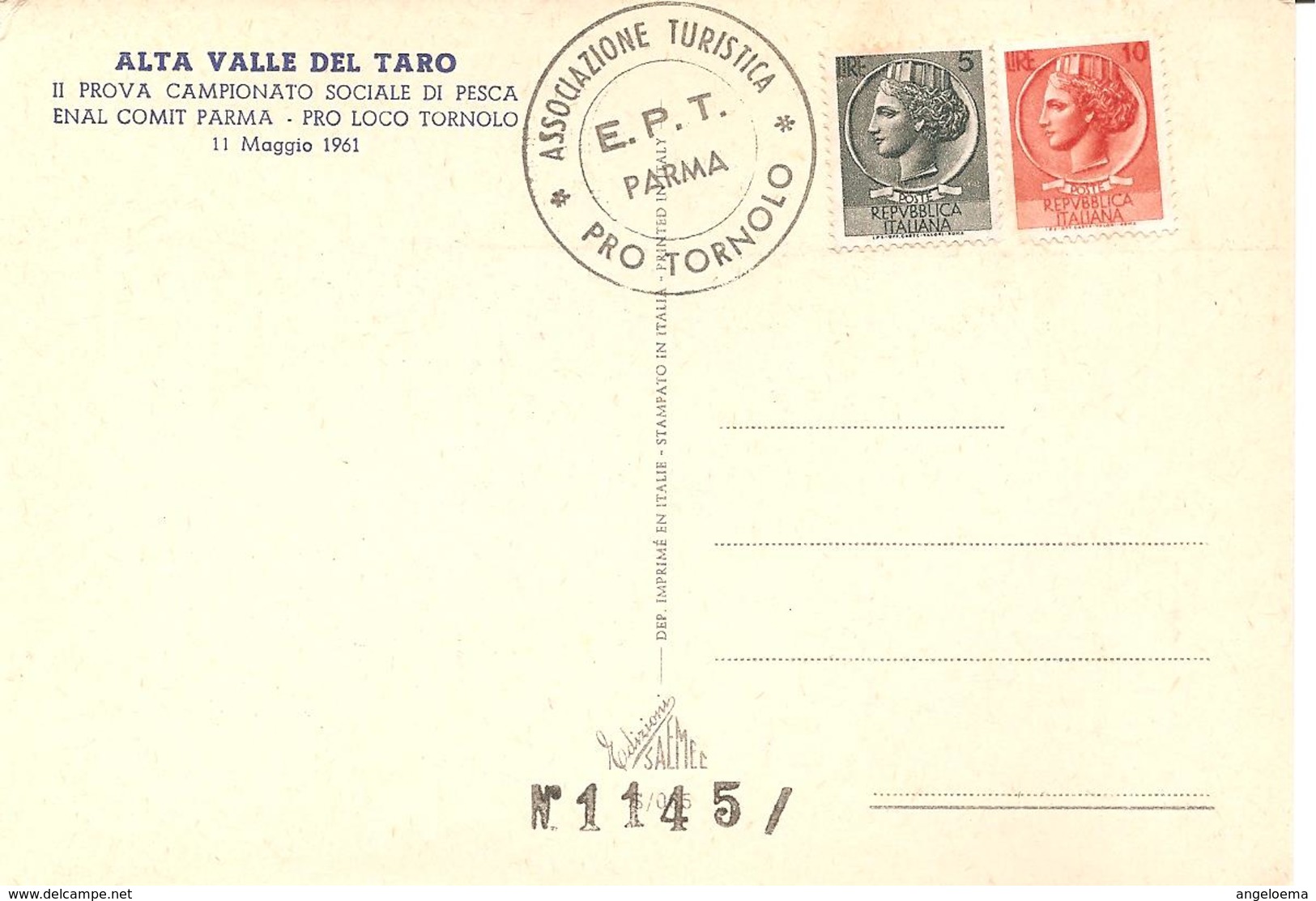 ITALIA - 1961 PARMA Timbro ASSOCIAZIONE TURISTICA PRO TORNOLO EPT Parma Su Cart.spec. 2° Camp. PESCA - 3469 - Altri & Non Classificati