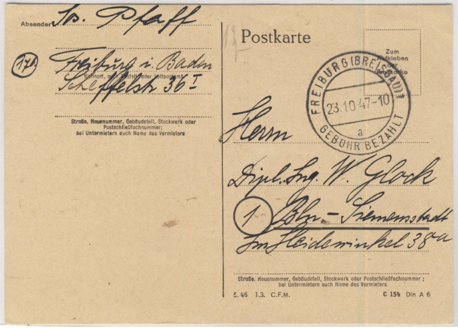 FZ - Gebühr Bezahlt Freiburg (Breisgau) Tagesstempel Karte N. Berlin 1947 - Sonstige & Ohne Zuordnung