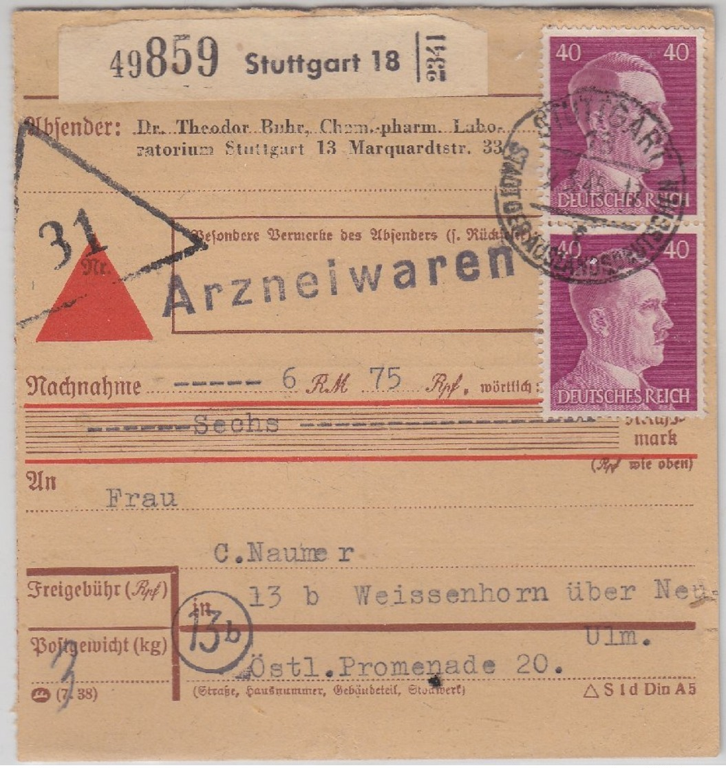 DR - 2x40 Pfg. AH, Nachnahme-Paketkarte V. Stuttgart 18 - Weissenhorn 9.3.45 - Storia Postale