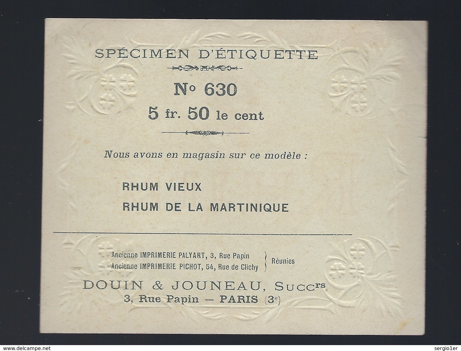 Ancienne étiquette  Rhum Vieux Spécimen N°630 Douin & Jouneau Succ 3 Rue Papin Paris "visage Femme" - Rhum