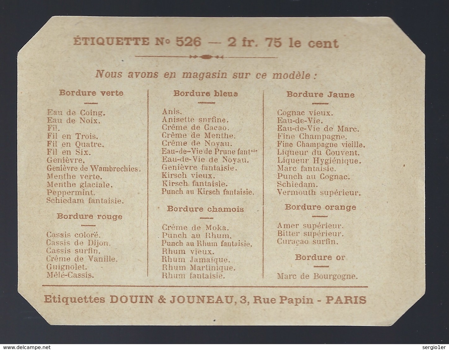 Ancienne étiquette  Rhum Vieux Spécimen N°526  Douin & Jouneau  3 Rue Papin Paris "étiquette Vernie" - Rhum
