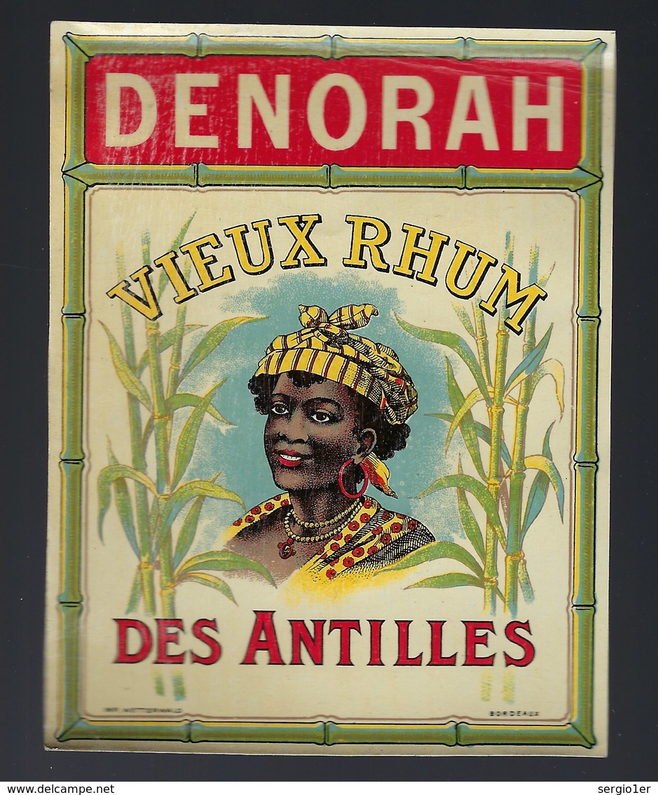 Ancienne étiquette  Rhum  Svieux Des Antilles Denorah Visage Femme étiquette Vernie  Imp Wettrewald Bordeaux - Rhum