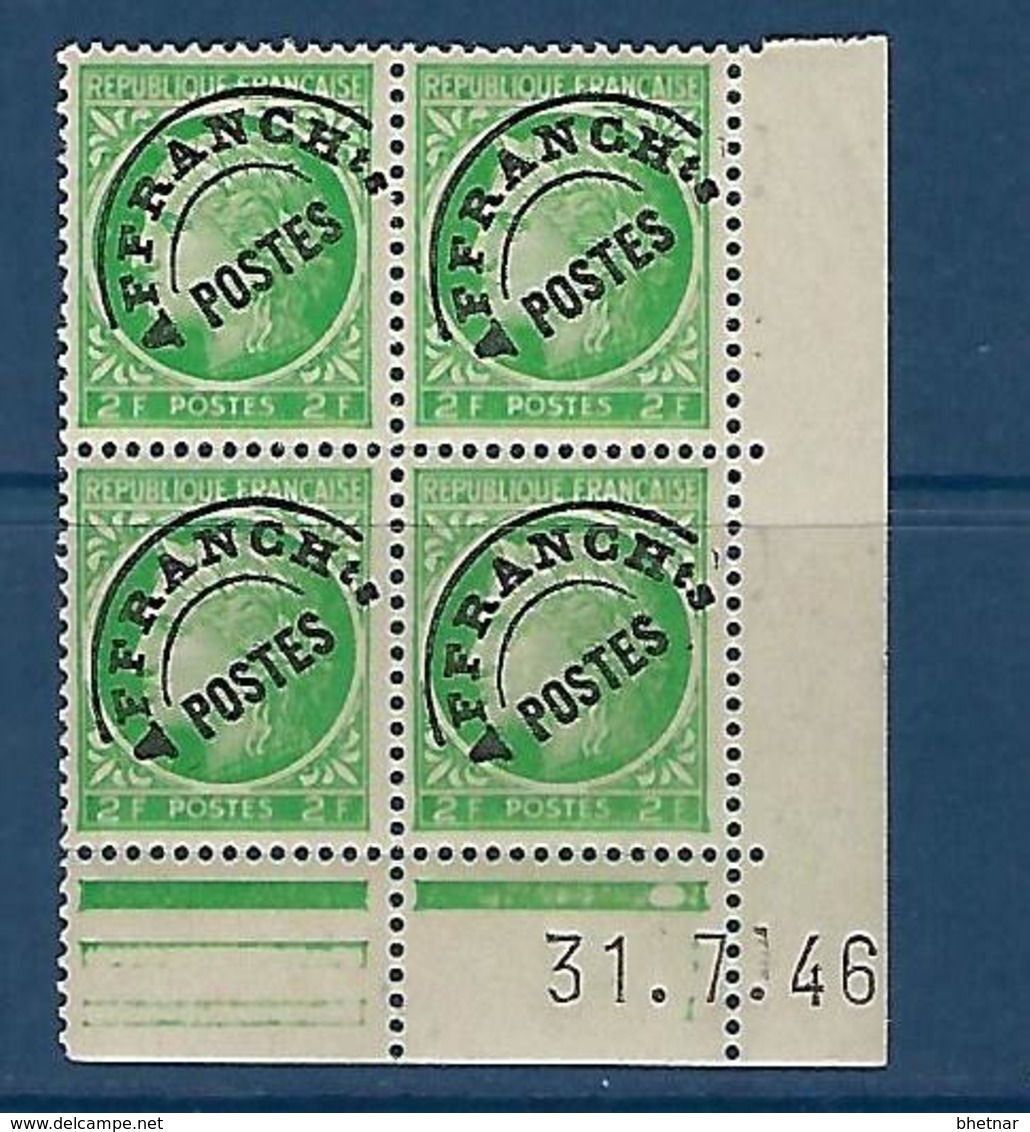 FR Coins Datés Préo YT 92 " Cérès 2F. Vert-jaune " Neuf** Du 31.7.46 - Préoblitérés