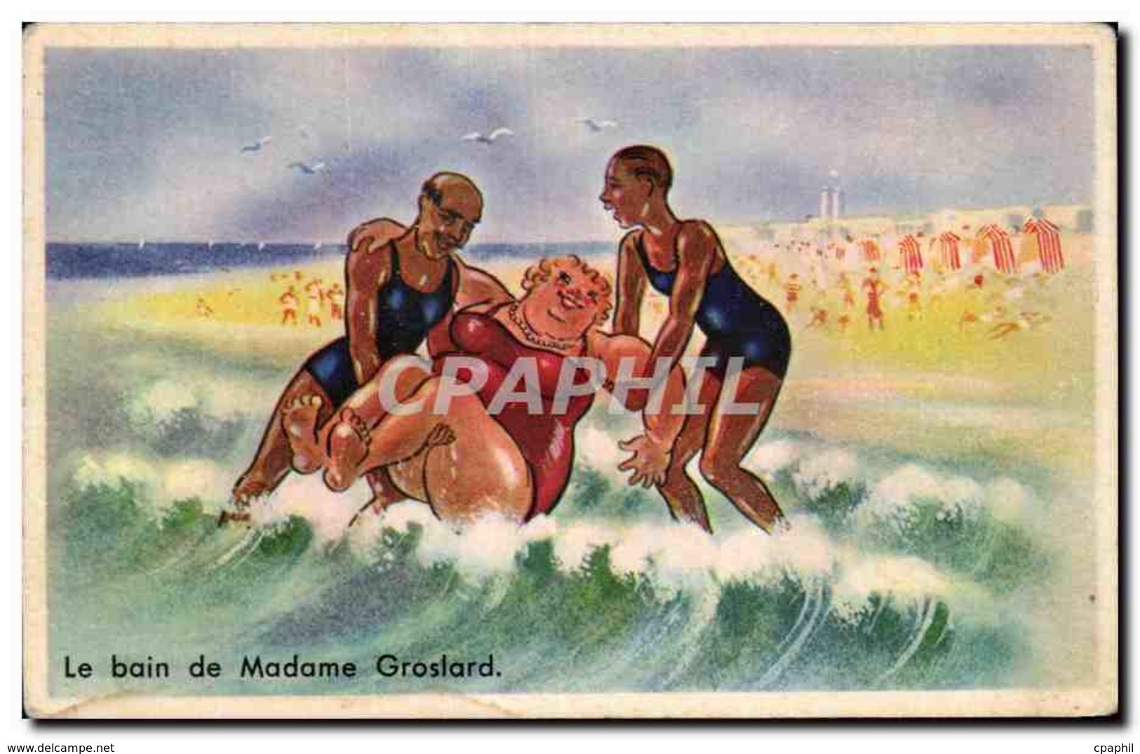 Humour - Illustration - Le Bain De Madame - Plage - Bain - Beach - CPA - Humor