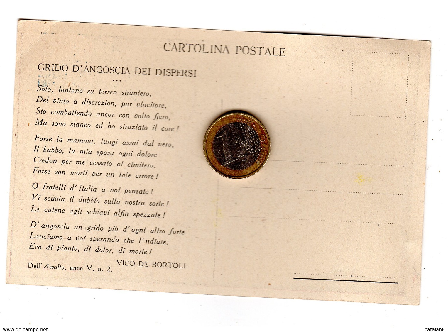 S6531 CARTOLINA POSTALE COMITATO NAZIONALE PROPAGANDA PER LA RICERCA DEI DISPERSI IN GUERRA POESIA DE BORTOLI VICO - 1900-1949