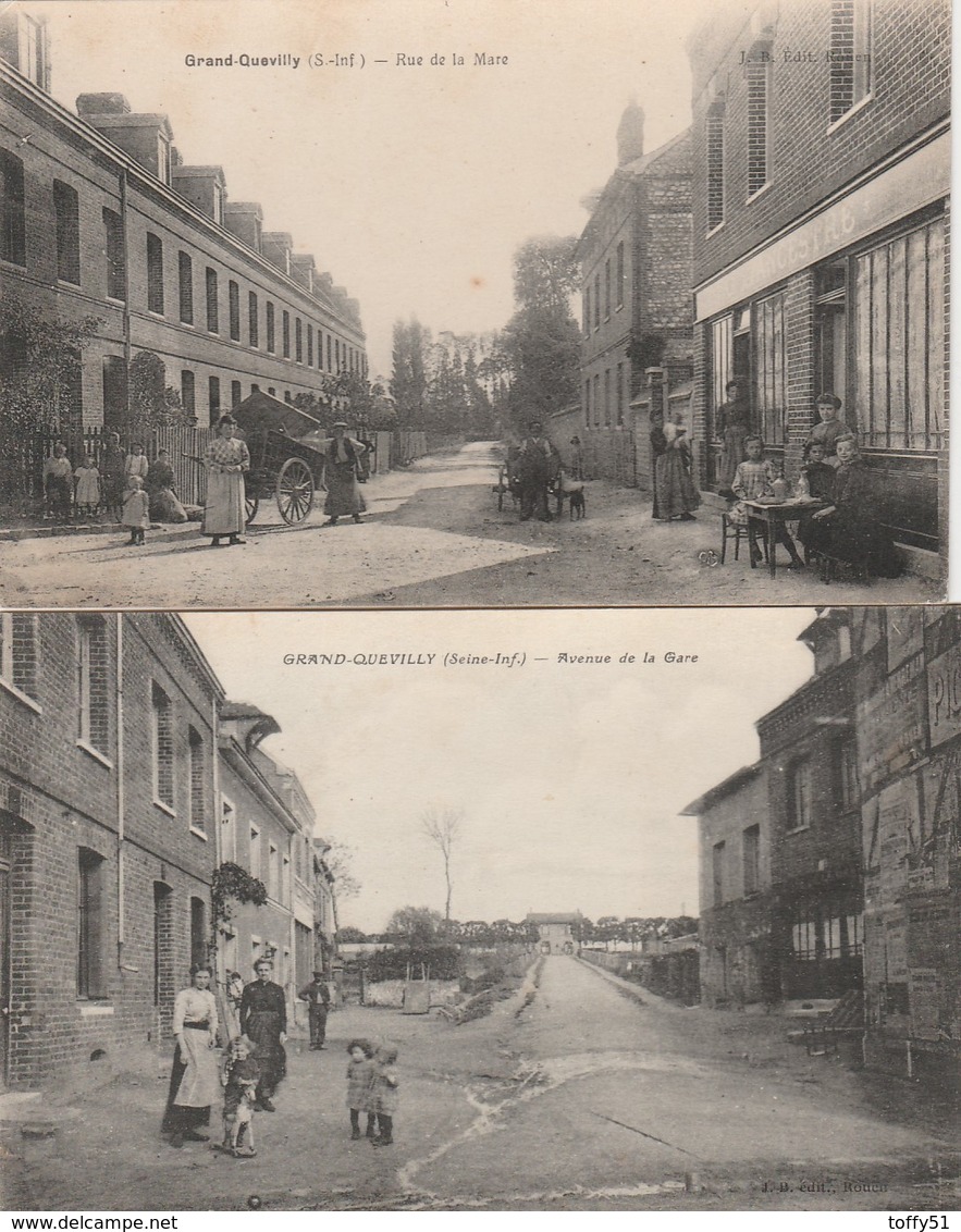 2 CPA:GRAND QUEVILLY (76) PERSONNES ATTABLÉES DEVANT MAGASIN ? RUE DE LA MARE,AVENUE DE LA GARE..ÉCRITES - Autres & Non Classés