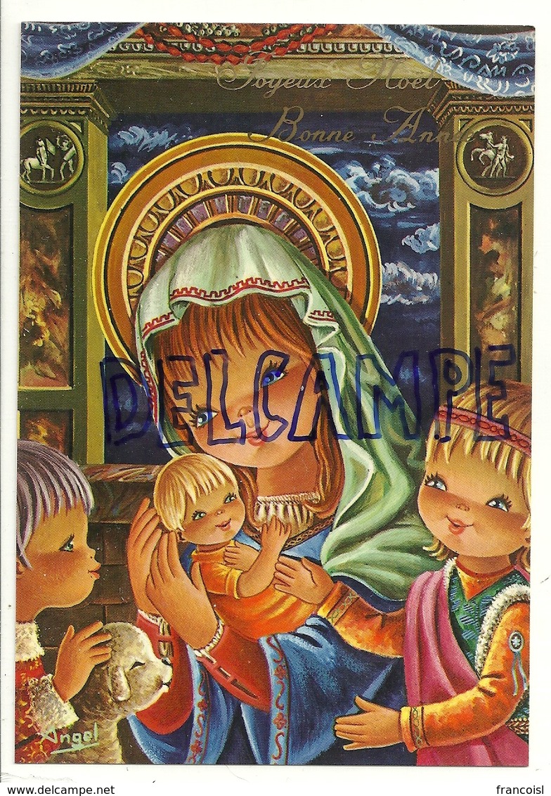 Joyeux Noël. Vierge Marie Et Enfant Jésus, Petits Bergers, Agneau Signée Angel. - Autres & Non Classés